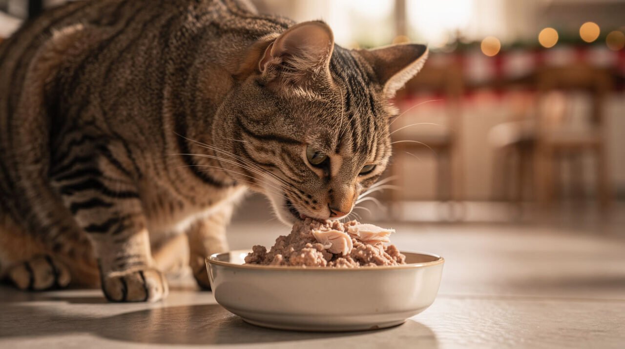 A tabby cat eating from her own bowl of wet cat food with a few small pieces of plain turkey added