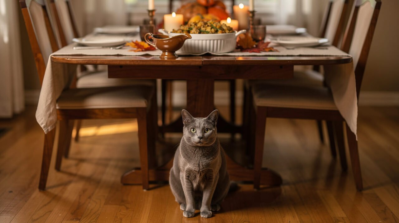A grey cat sitting on the floor near a Thanksgiving table set with herb stuffing and a gravy boat