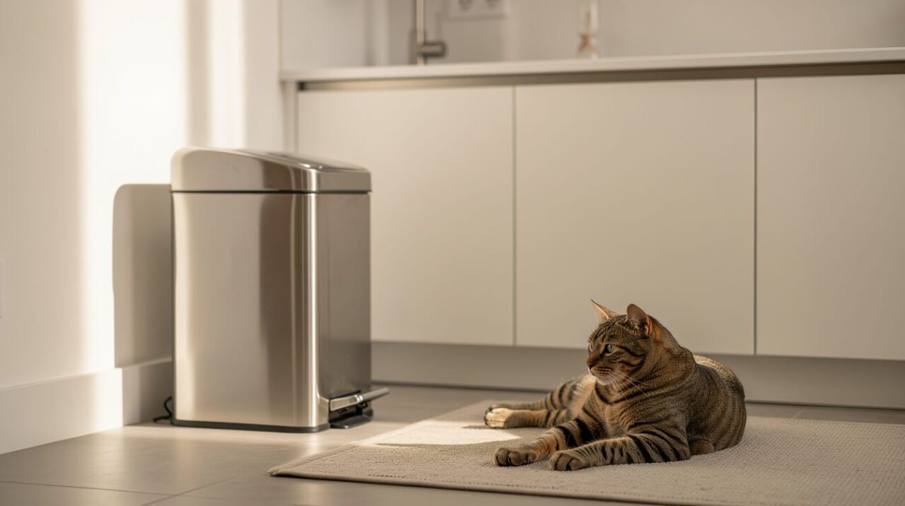 A tabby cat resting on a kitchen rug near a stainless steel trash can with its lid closed