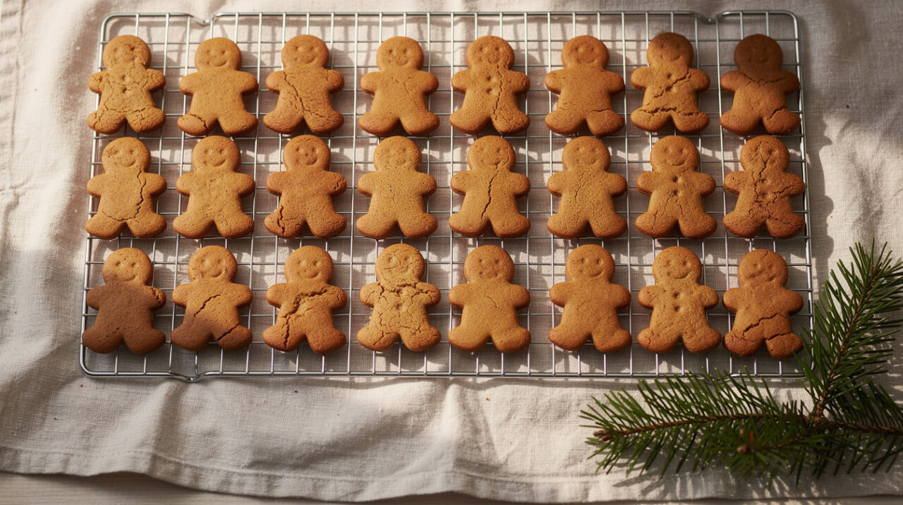 Plain undecorated gingerbread men cookies cooling on a wire rack