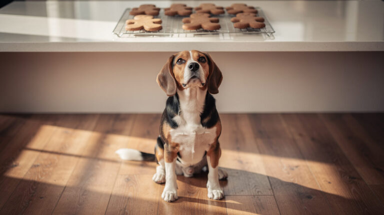 A beagle sitting on the kitchen floor looking up at gingerbread cookies cooling on the counter