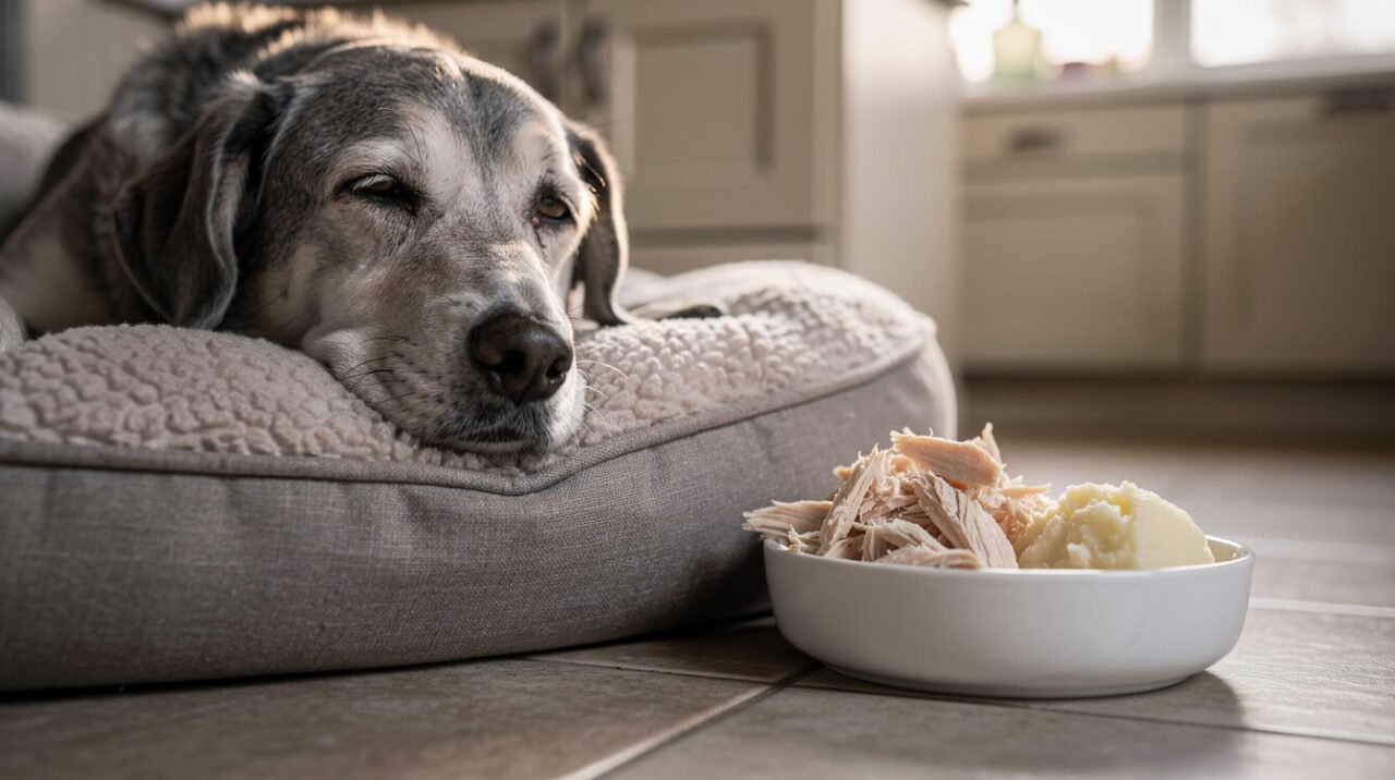 A senior dog resting on a soft bed next to a bowl of plain shredded chicken and plain mashed potato