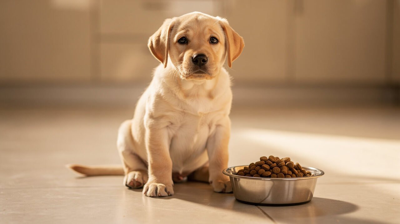 A young Labrador puppy sitting on a kitchen floor beside its own bowl of puppy food