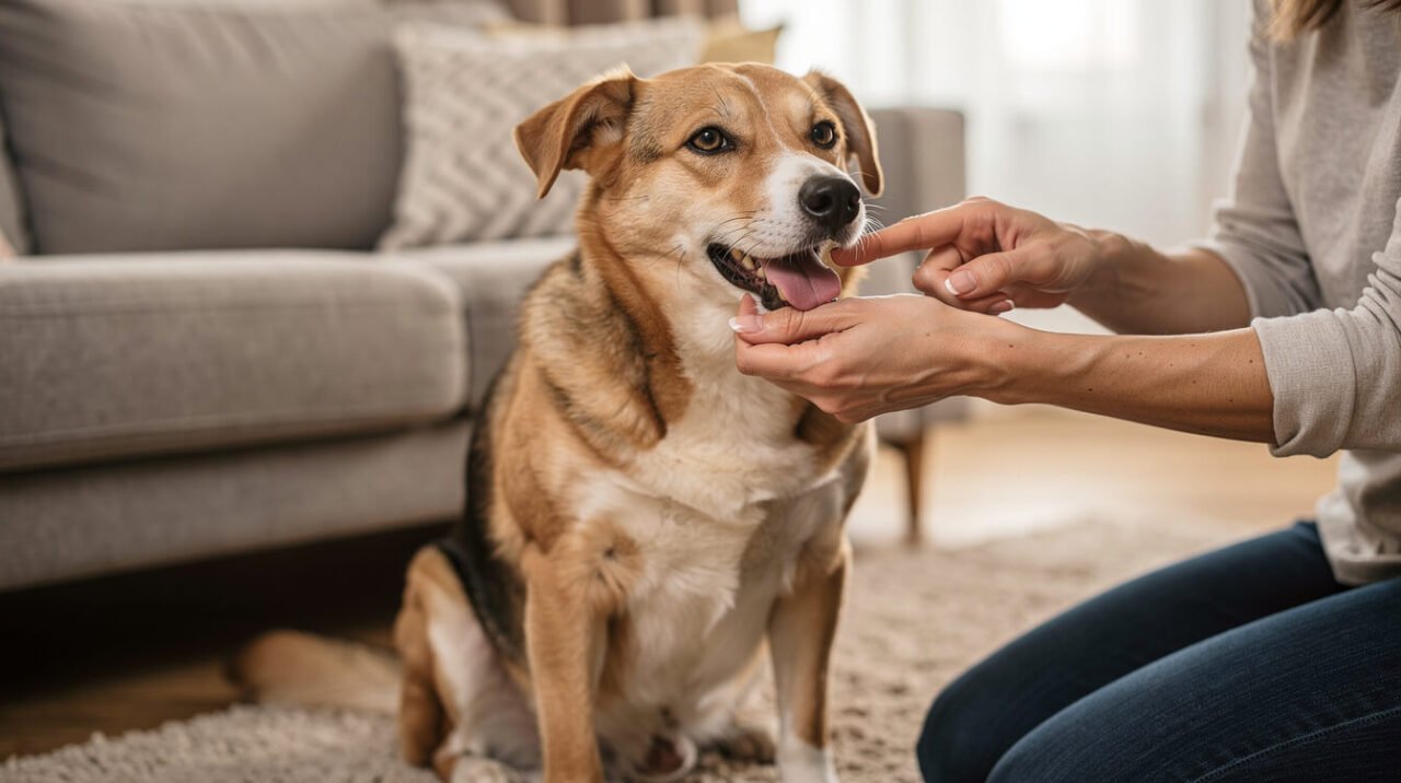 A dog owner gently lifting a calm dog's lip to check that its gums are healthy and pink