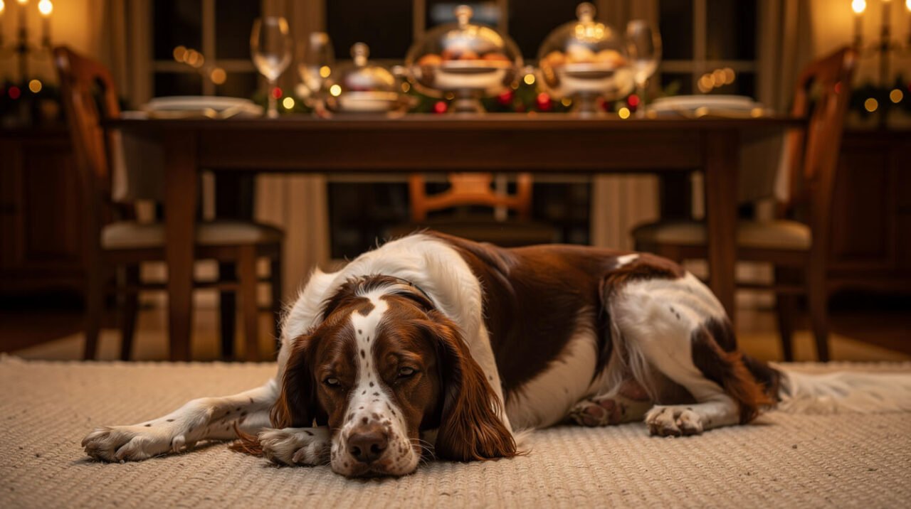 A dog lying calmly on a rug in a warm dining room while a holiday meal sits on the table above, out of reach