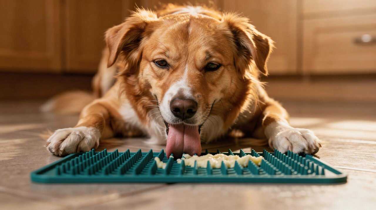A happy dog licking a textured lick mat with a very thin smear of plain mashed potato in its grooves