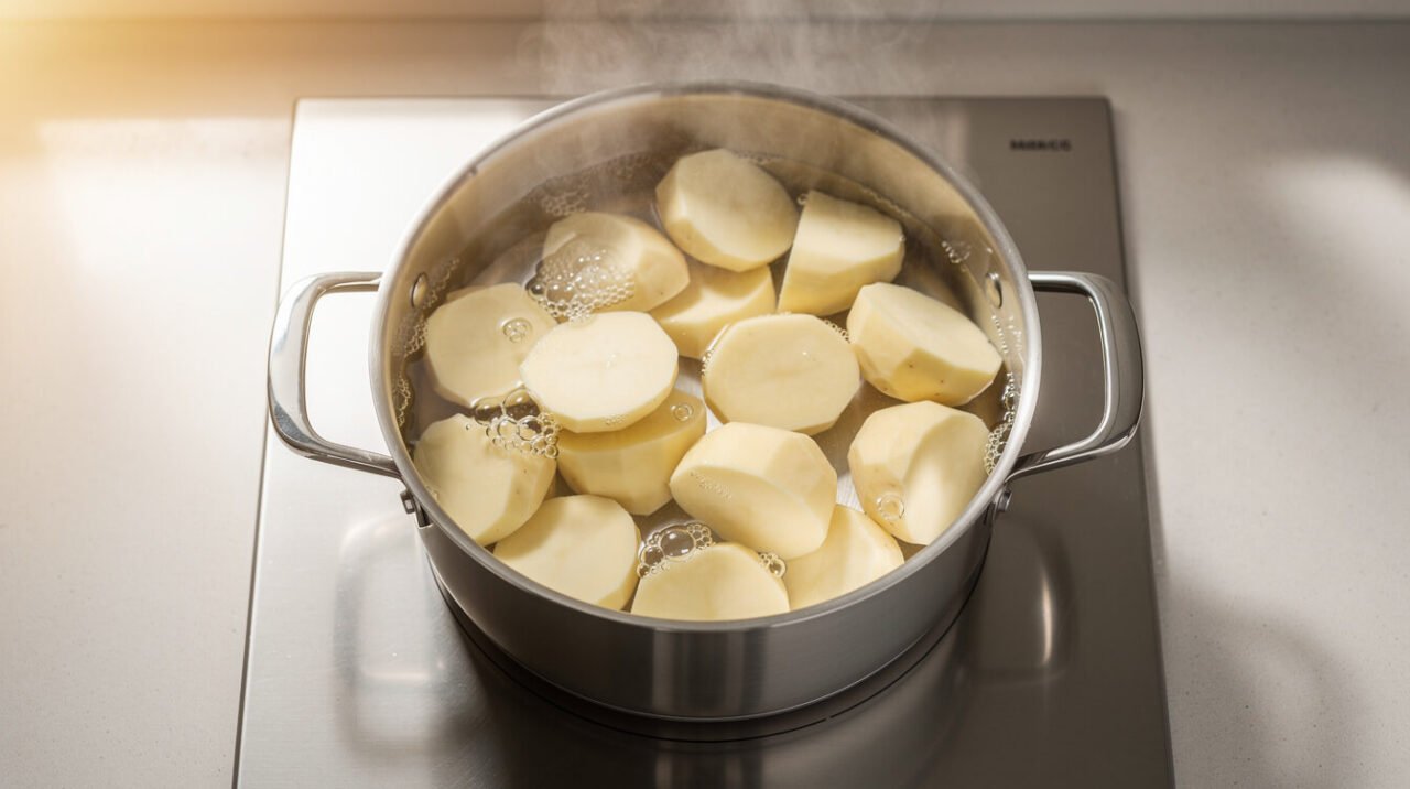 Peeled potatoes boiling in a plain pot of water on a stovetop, with no butter, herbs, or seasoning