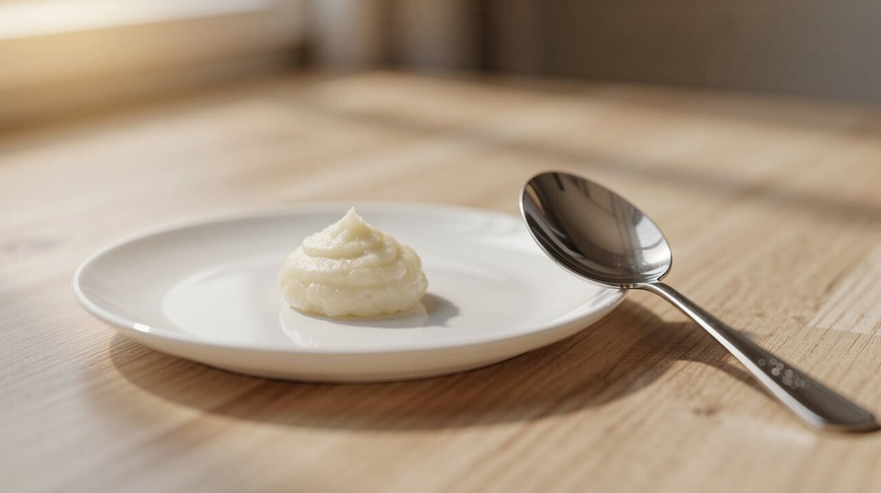 One small dollop of plain mashed potato on a white saucer with an empty spoon lying beside it