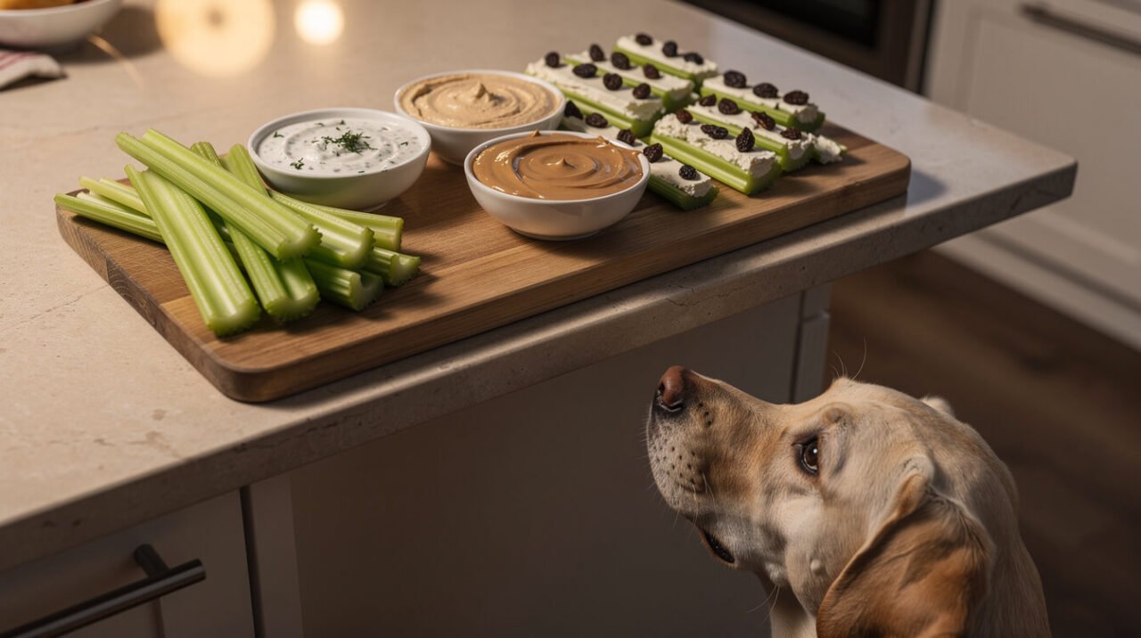 A snack board of celery with dips while a calm labrador watches from the floor