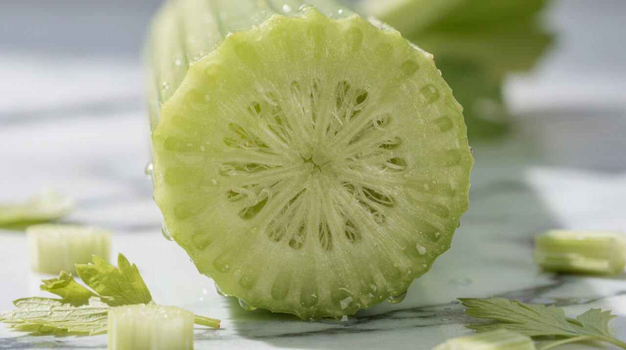 Macro photograph of a celery stalk cross-section showing its fibrous strings