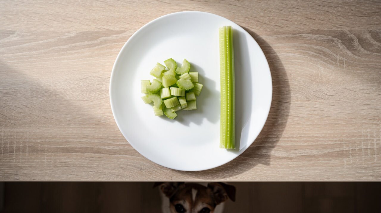 A small measured portion of diced celery pieces beside a whole stalk for scale