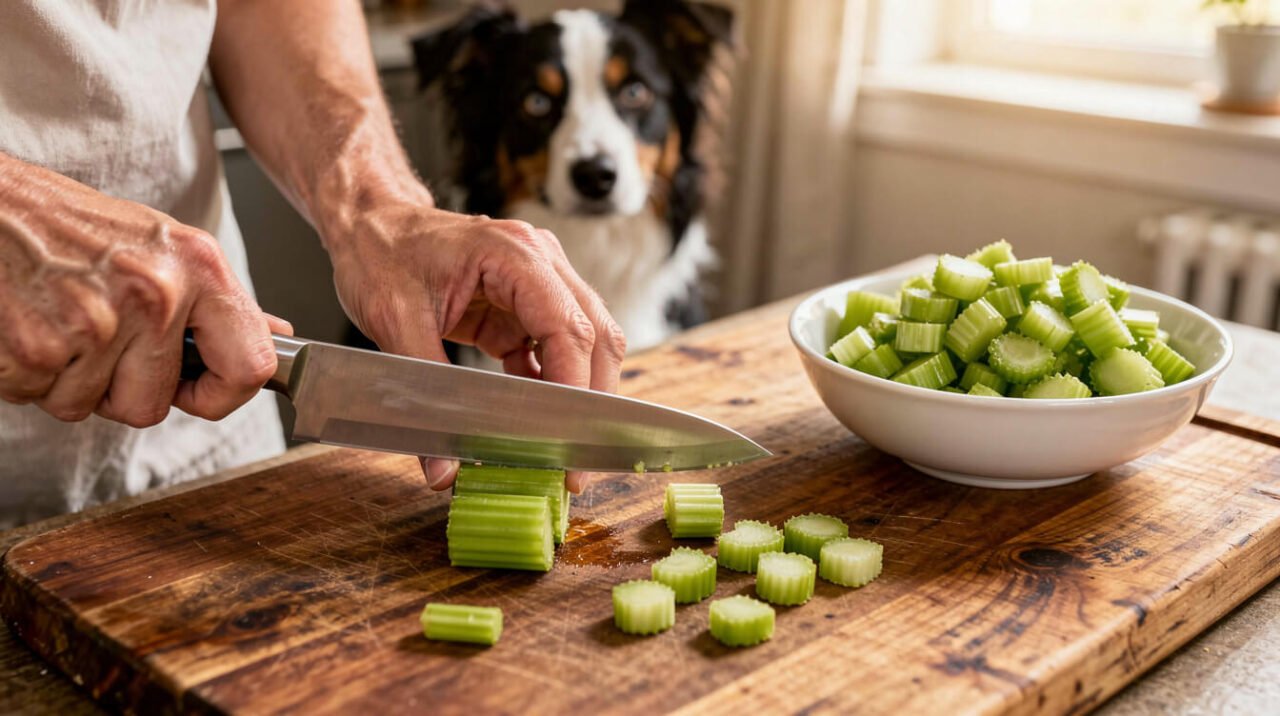 Hands chopping celery into small bite-size pieces on a cutting board with a dog watching