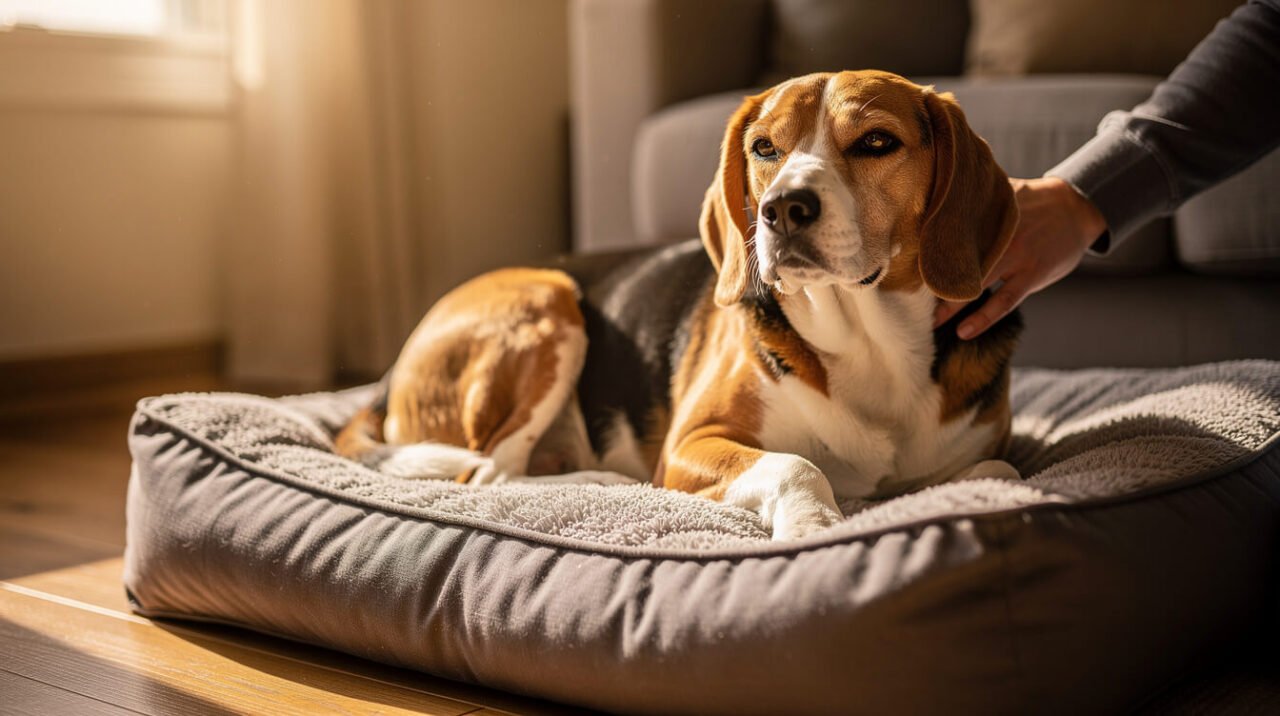 A calm beagle resting on a dog bed with its owner's hand resting reassuringly on its back
