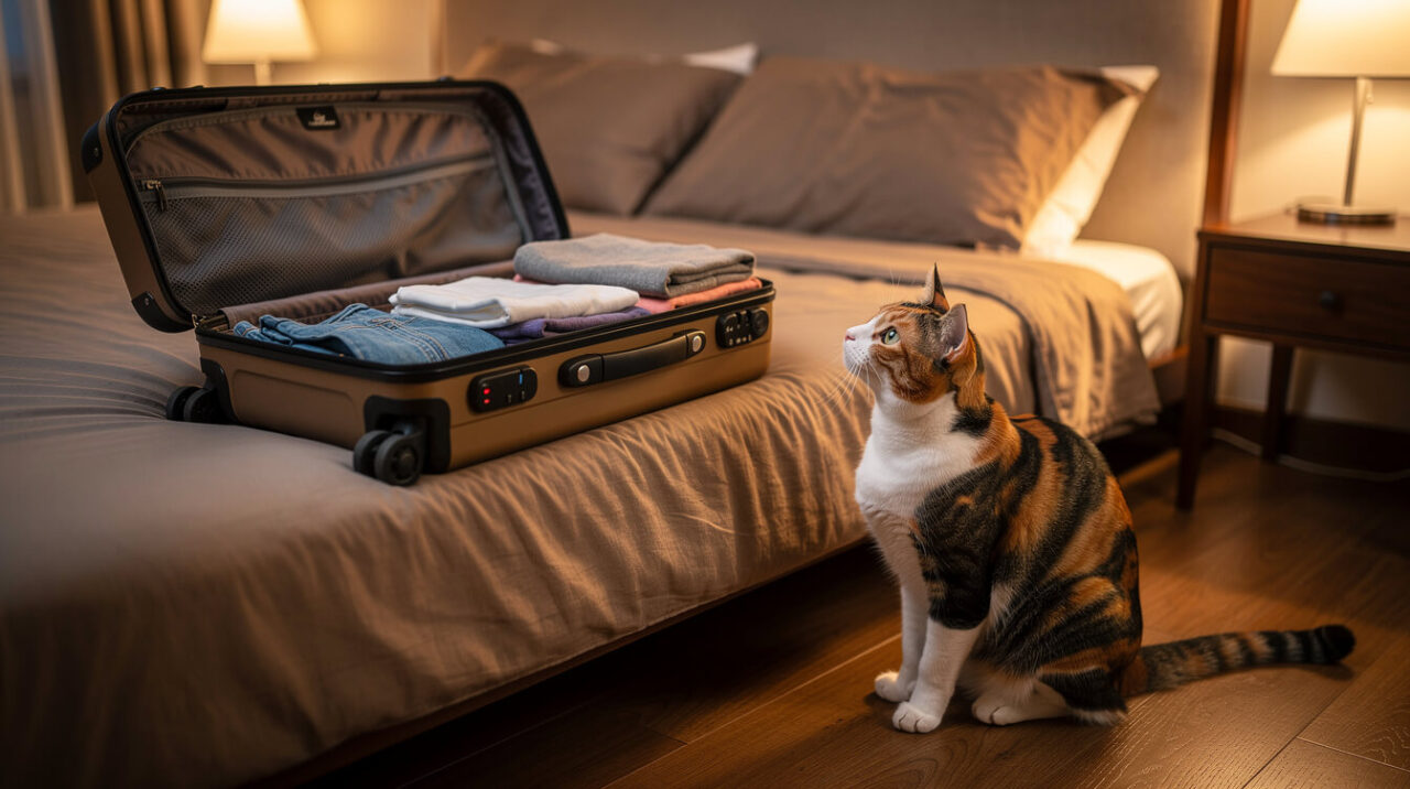 Calico cat watching an open suitcase on the bed, a common stress trigger for peeing on the bed