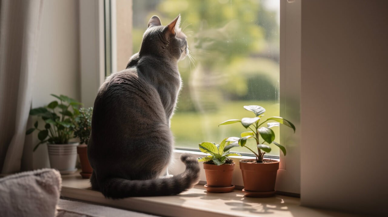 Cat sitting on a windowsill watching the garden, a common setup for redirected aggression