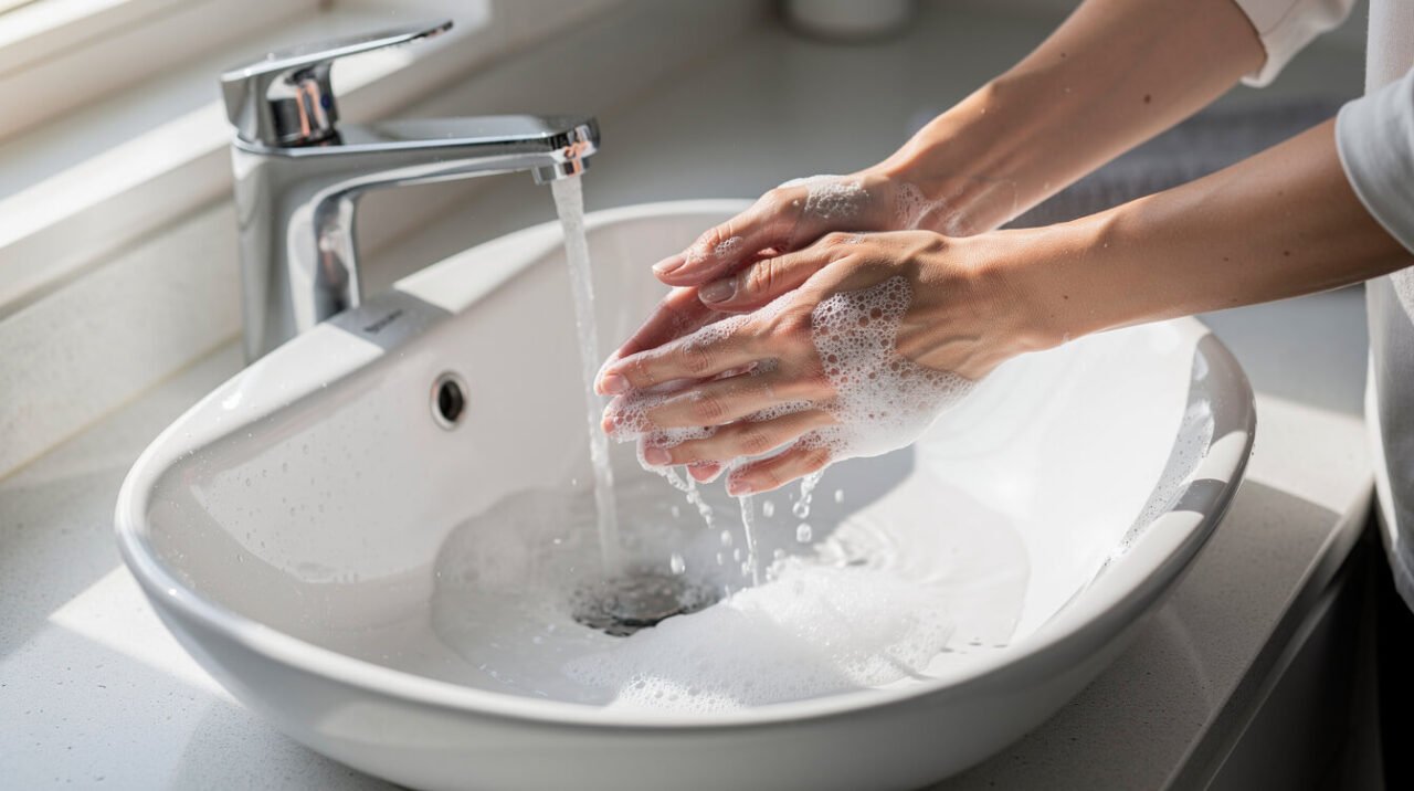 Washing hands with soap and warm water after a cat bite