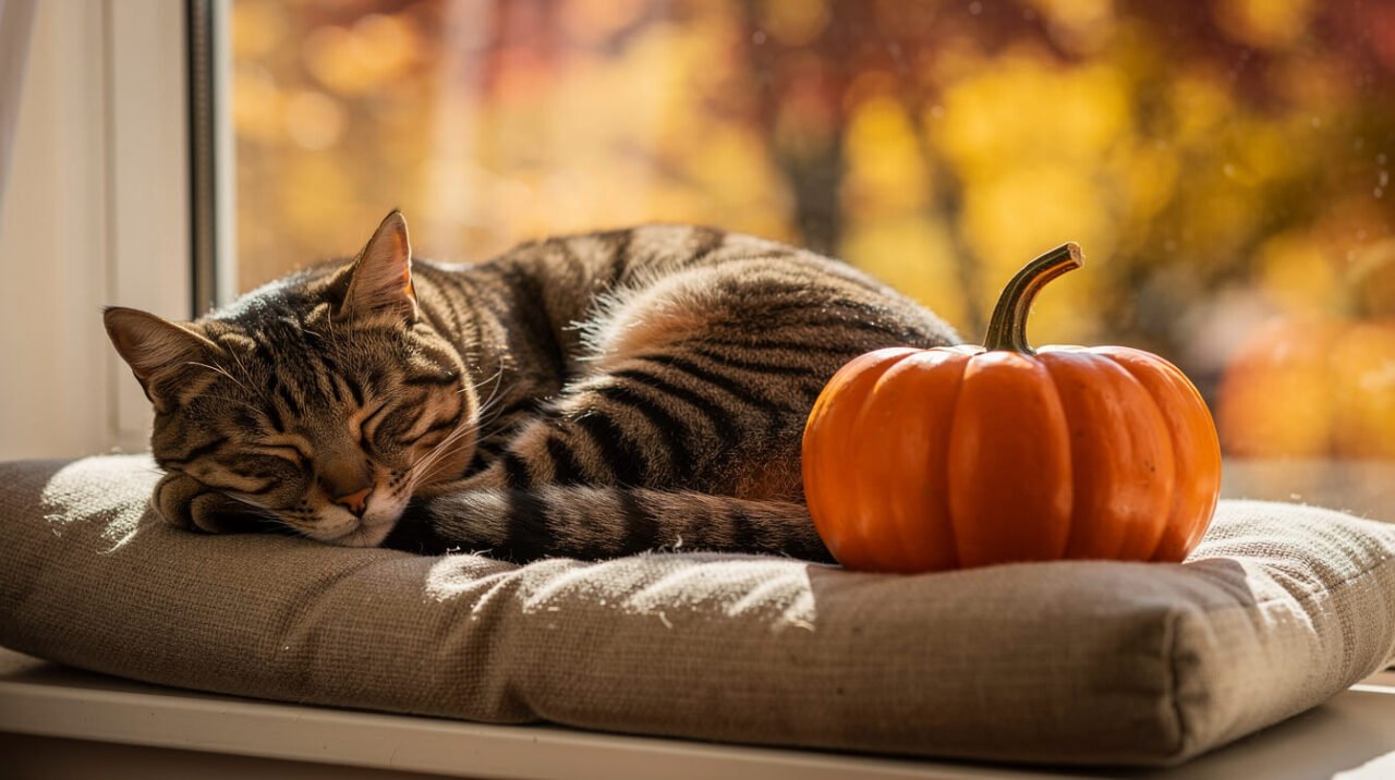 A tabby cat asleep on a windowsill beside a small decorative pumpkin