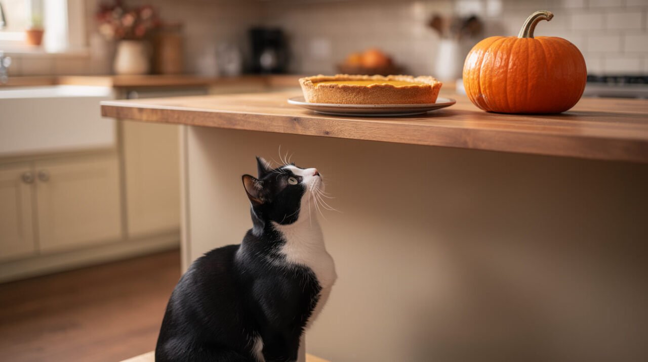 A tuxedo cat on the kitchen floor looking up at a pumpkin pie left out of reach on the counter