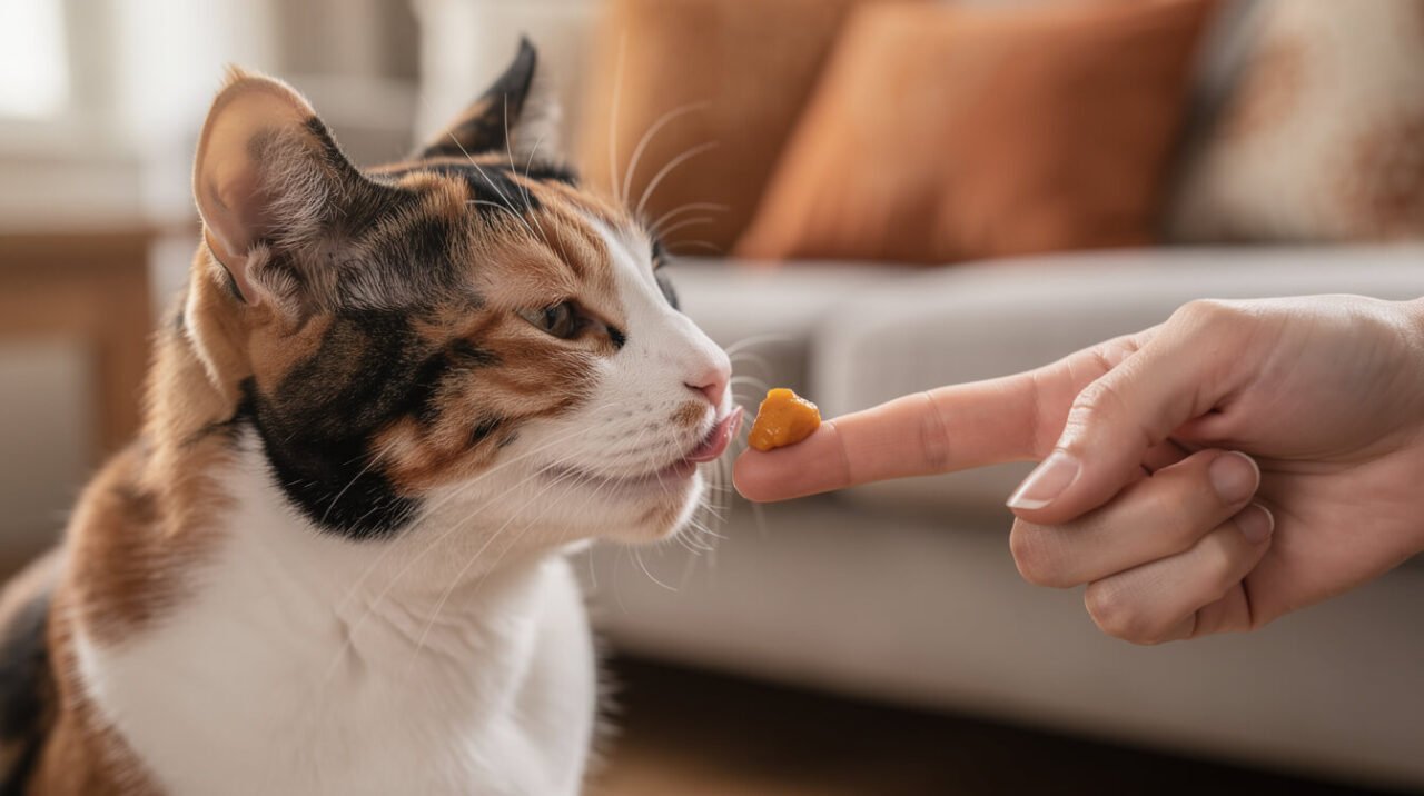 A calico cat licking a pea-sized dab of pumpkin puree from a fingertip