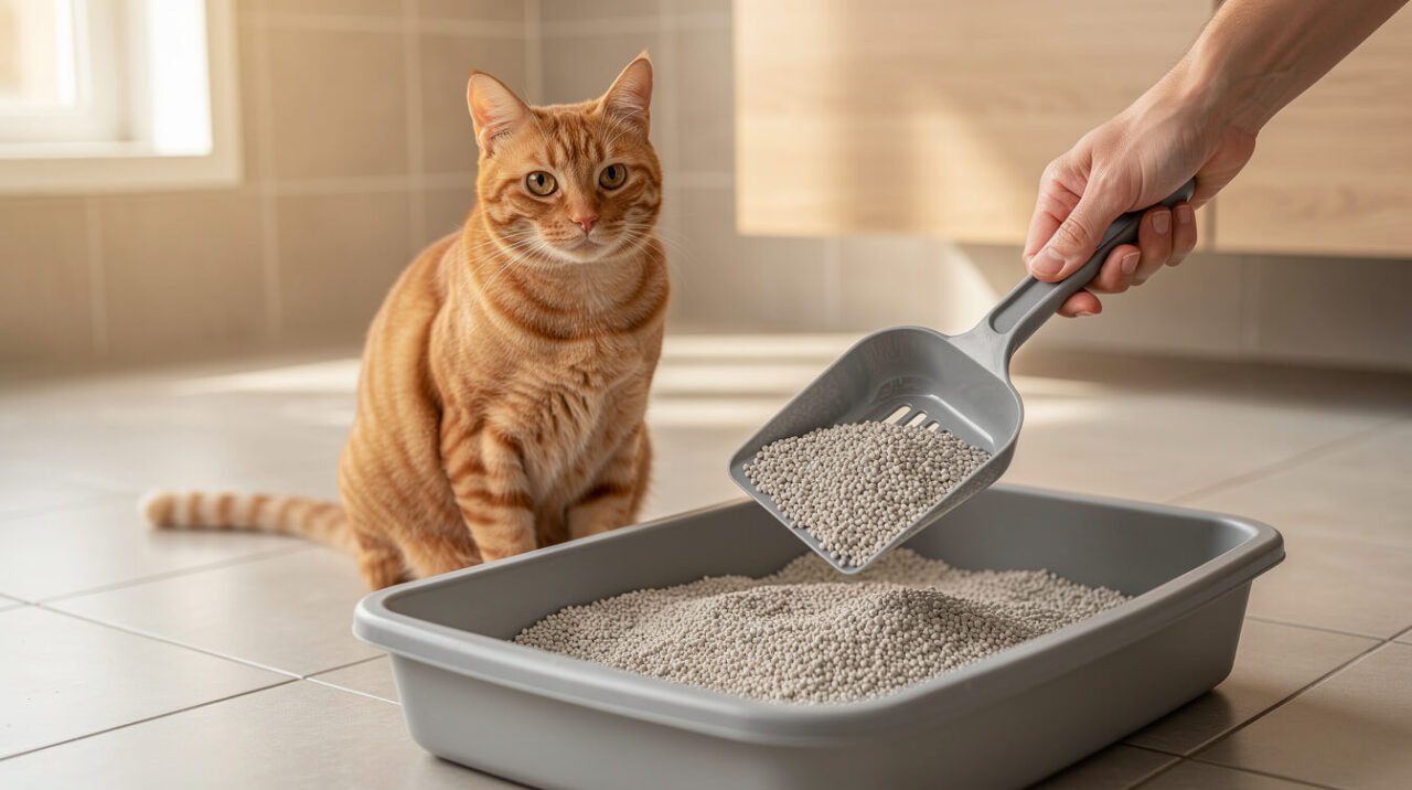 An orange tabby cat sitting beside a litter box while an owner scoops it to check for urine clumps
