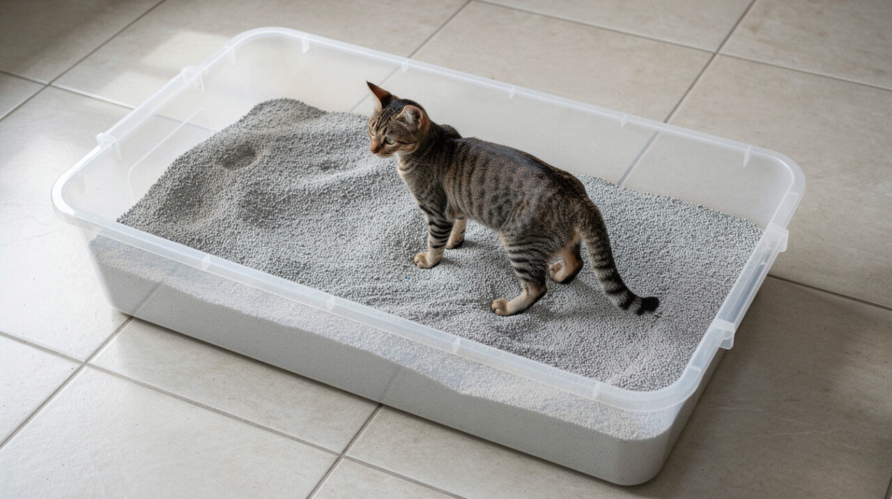Tabby cat standing in an oversized storage-tote litter box with room to spare