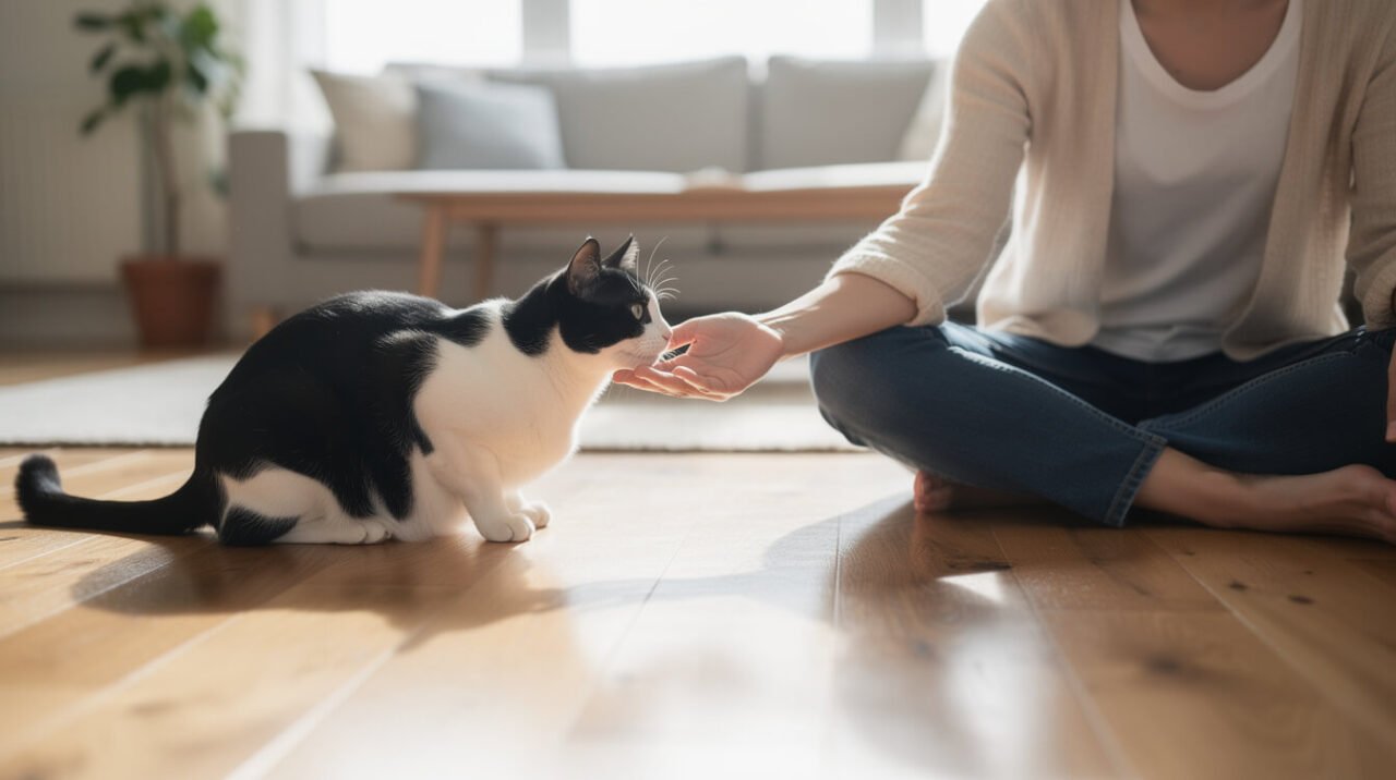 Person sitting on the floor offering a hand so the cat can choose to approach, the first step of the CAT method