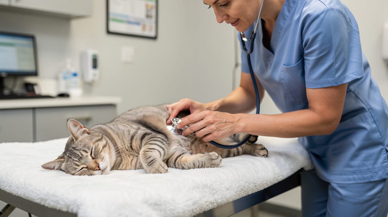 Veterinarian gently checking a calm senior cat, ruling out pain as a cause of biting