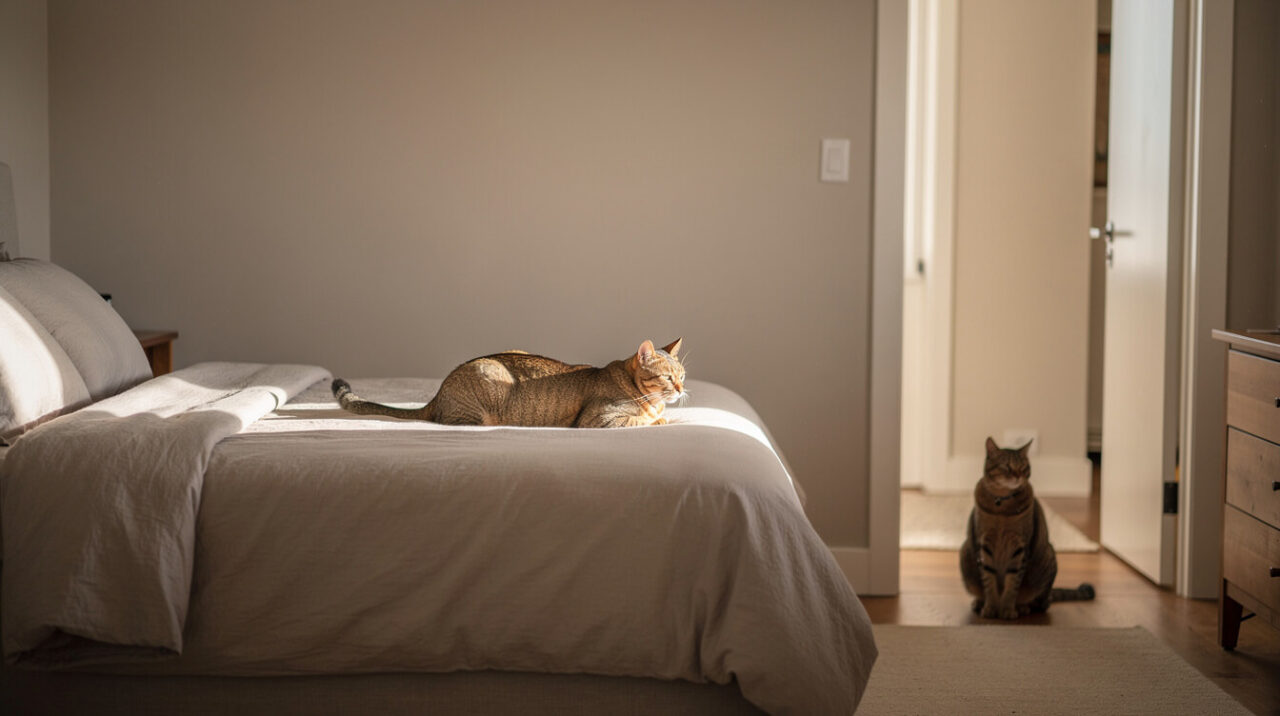 One cat resting on a high bed while a second cat watches from the bedroom doorway