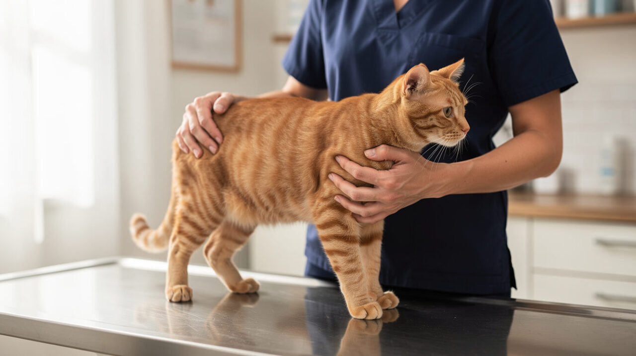 Veterinarian gently examining a calm orange tabby cat for causes of peeing on the bed