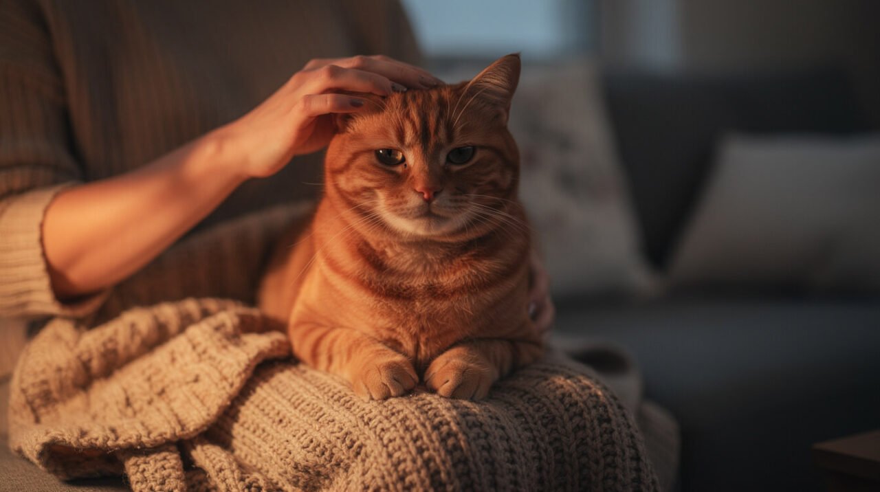 Ginger cat on a lap being stroked on the top of the head only