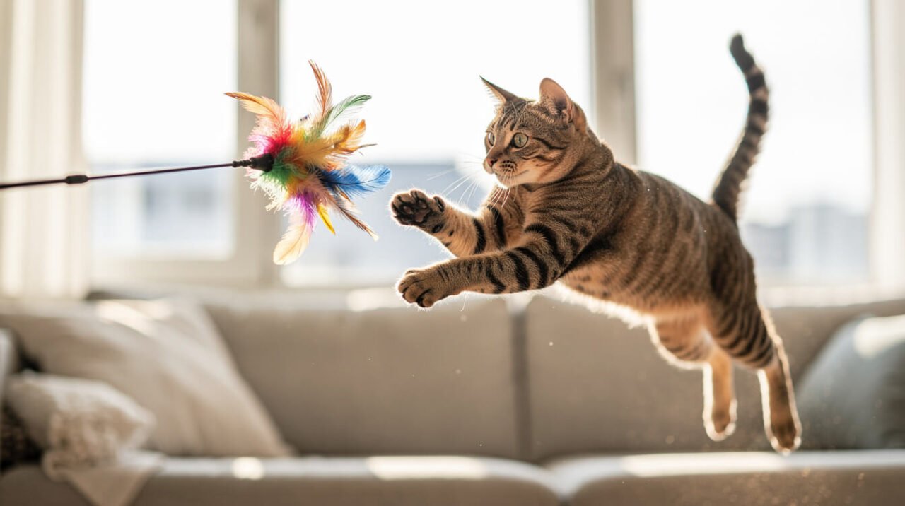 Tabby cat leaping at a feather wand toy with no hands nearby