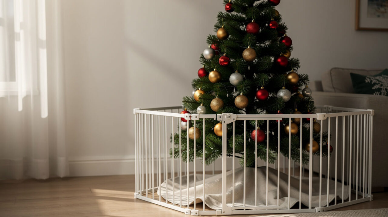 A Christmas tree inside a white pet playpen with a skirt over the stand