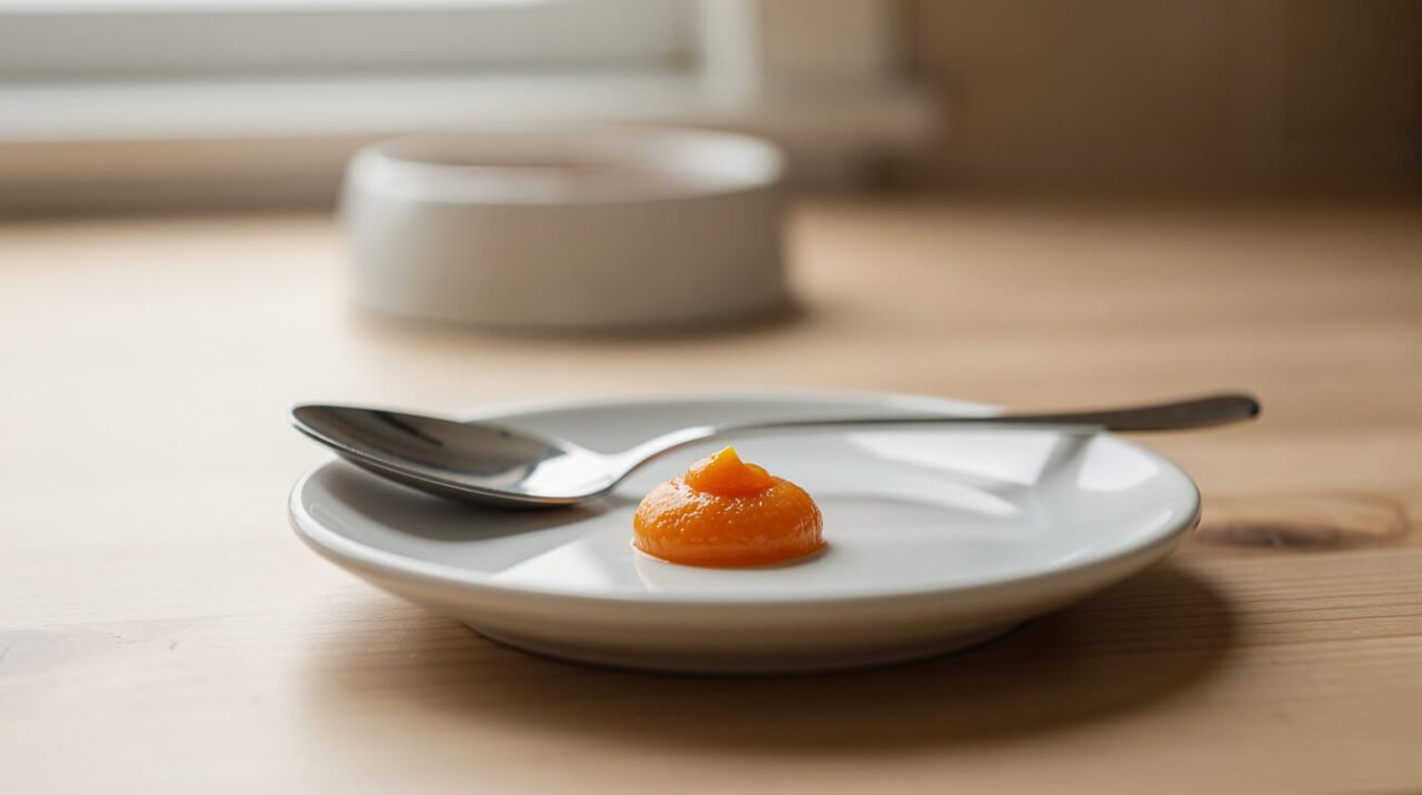 A small dab of plain pumpkin puree beside a teaspoon, a treat-sized portion of pumpkin for a cat