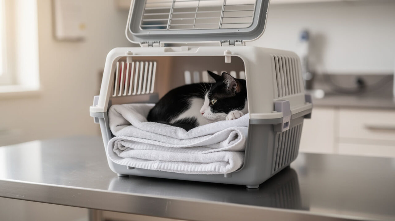 A black and white cat resting on a towel in a carrier at the vet