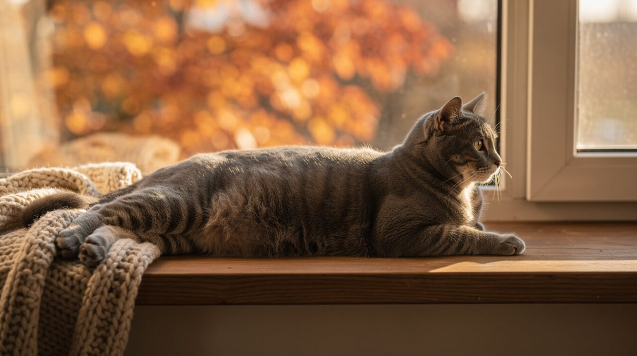 A relaxed gray tabby cat resting on a sunny autumn windowsill