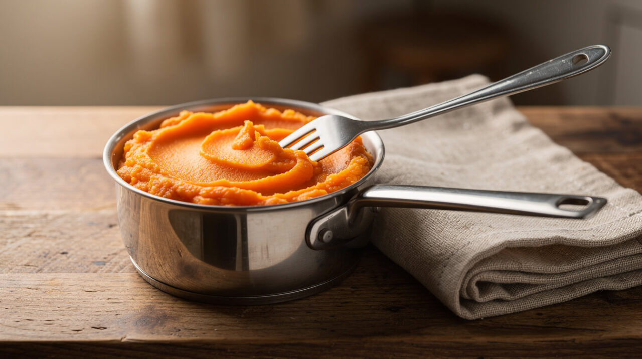 Plain mashed sweet potato in a small saucepan, prepared with no butter or seasoning for a cat