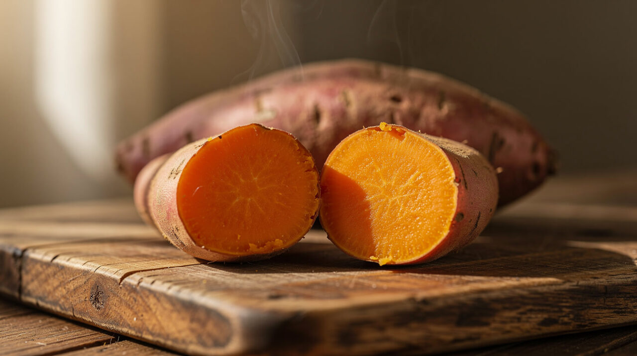Baked sweet potato cut in half showing deep orange flesh rich in beta-carotene