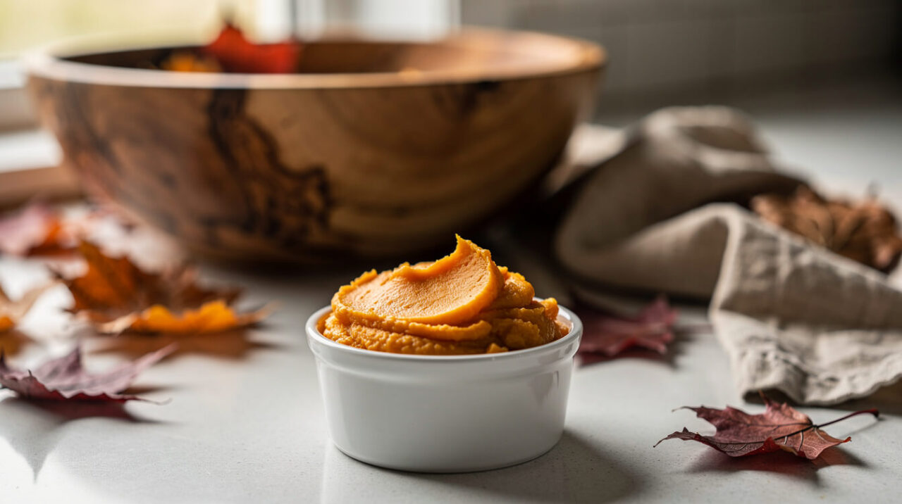 A small ramekin of plain mashed sweet potato set aside before seasoning, so a cat can have a safe holiday taste