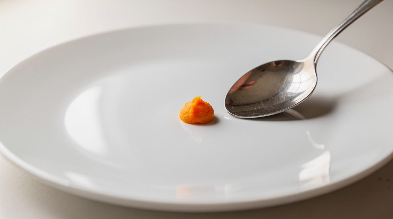 A pea-sized dab of mashed sweet potato beside an empty teaspoon, showing a first taste for a cat
