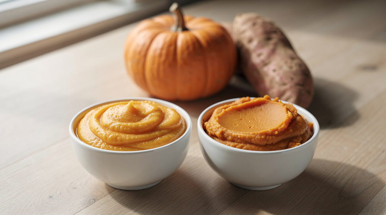 Pumpkin puree and mashed sweet potato side by side for comparing fiber for cats