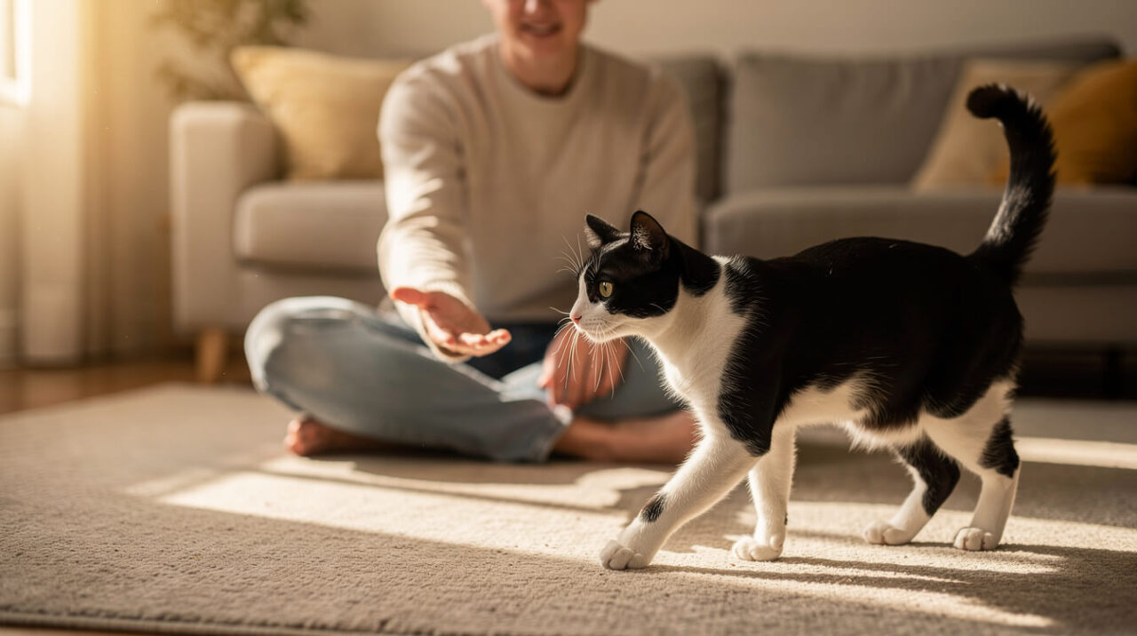 Black-and-white cat approaching its owner's open hand, building trust instead of punishment