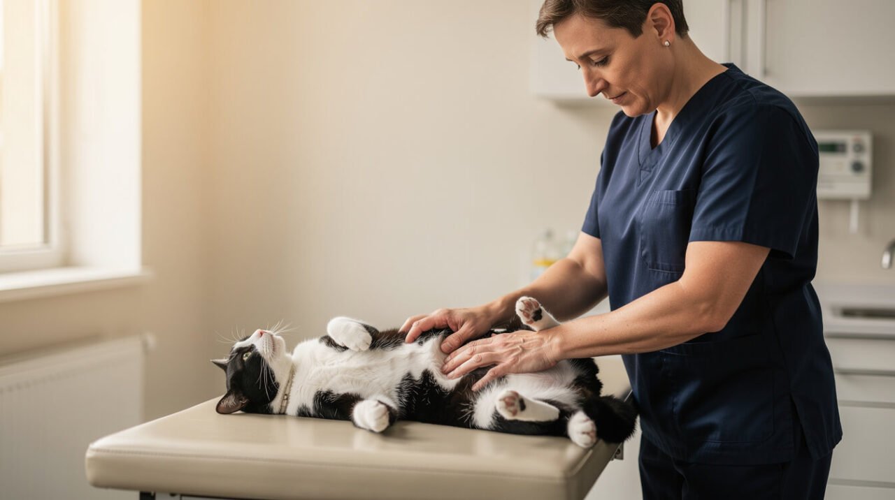 A veterinarian gently examining a relaxed cat's belly on an exam table