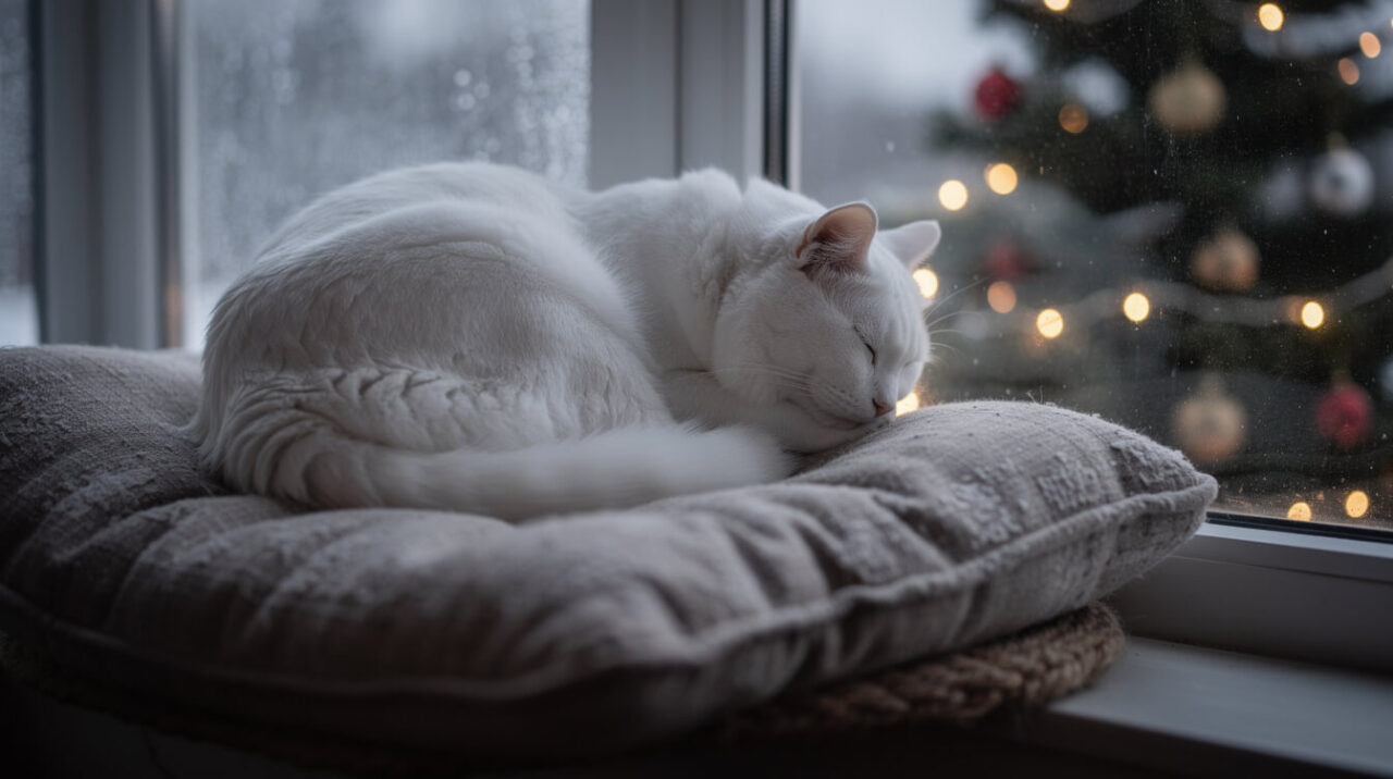 A white cat napping on a window perch away from the Christmas tree