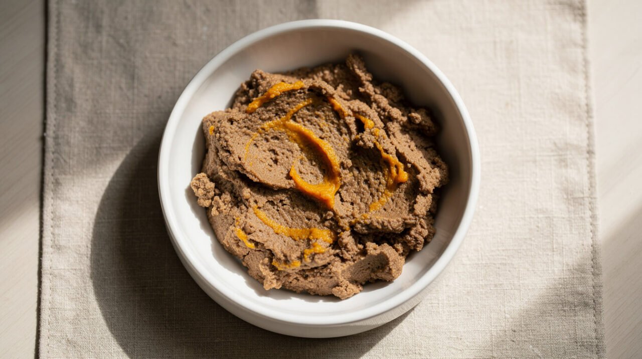 A bowl of wet cat food with a small amount of pumpkin puree stirred through it