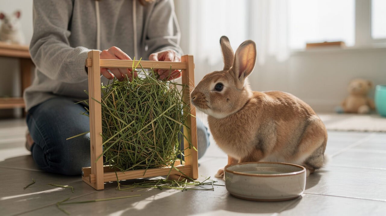 Keeper refilling a wooden hay rack for a curious rabbit next to a ceramic water bowl