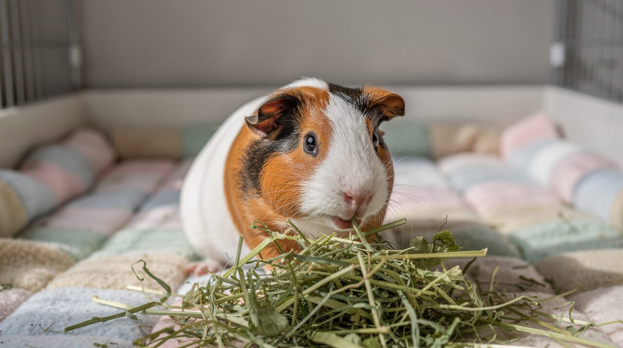 Guinea pig eating hay; guinea pigs also re-ingest special droppings