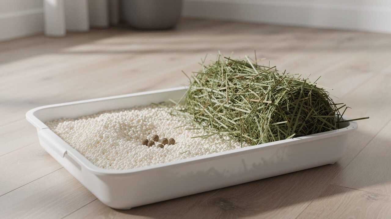 Clean rabbit litter box with hay and round dry fecal pellets