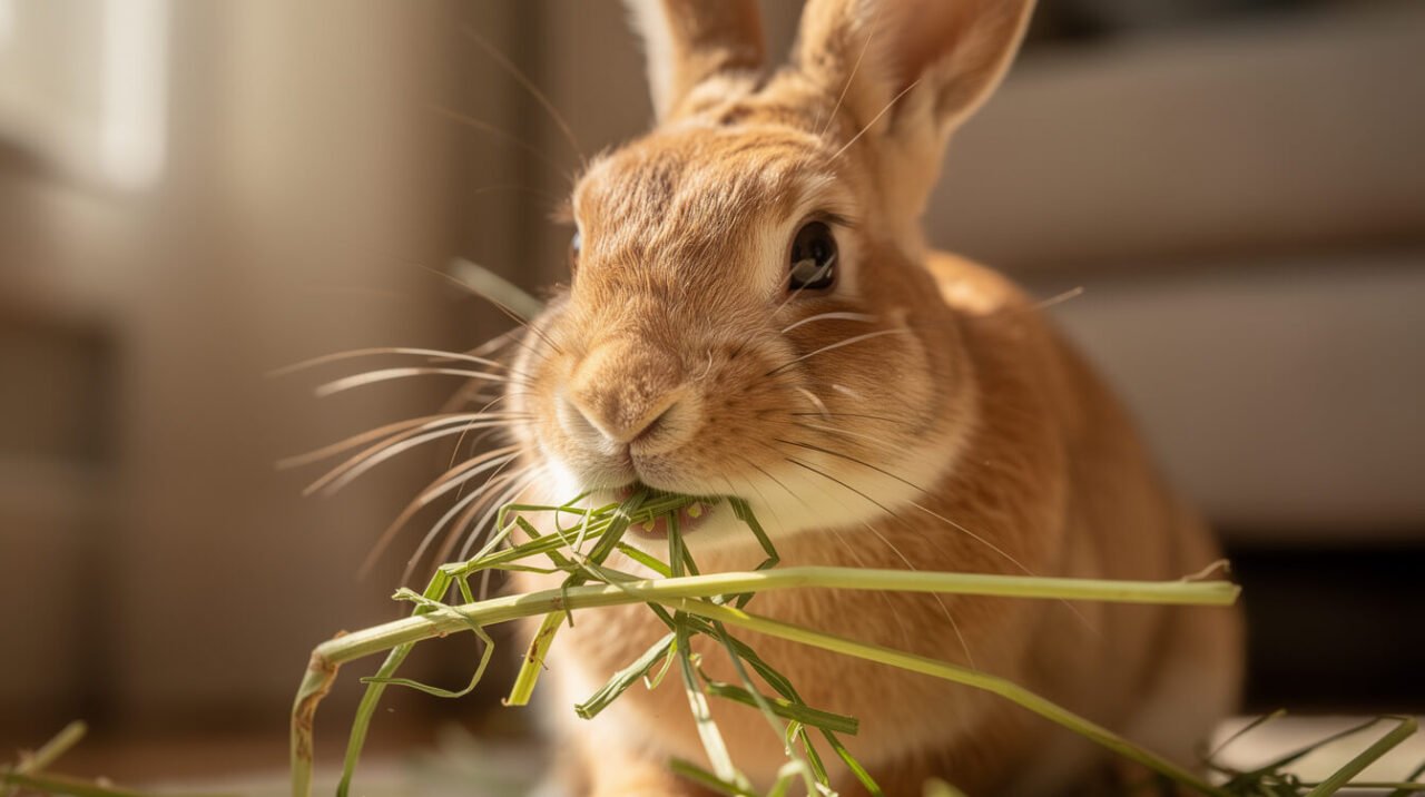 Rabbit eating long-strand timothy hay, the fiber that drives the gut's sorting system