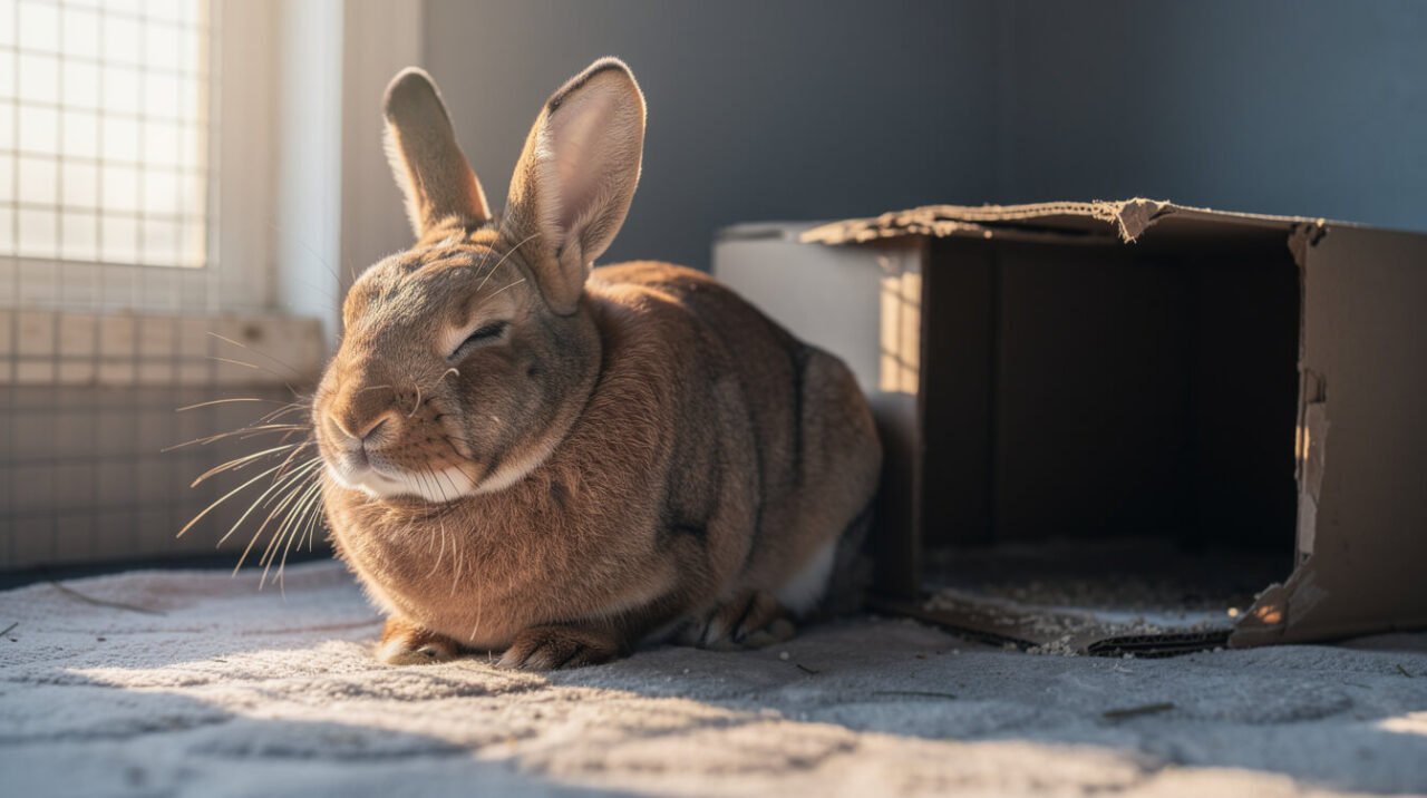 Domestic rabbit resting quietly at dawn, the kind of undisturbed period when cecotropes are produced