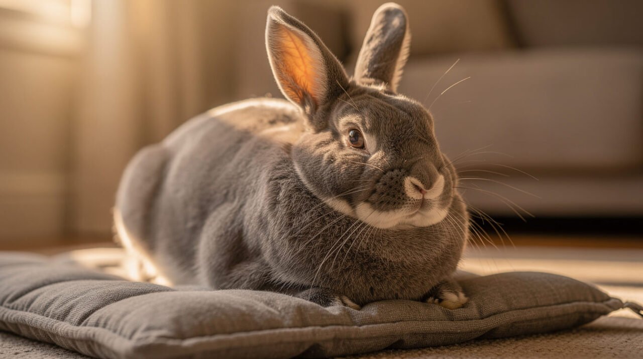 Older, round domestic rabbit resting on a padded mat; weight and stiffness are common reasons cecotropes go uneaten